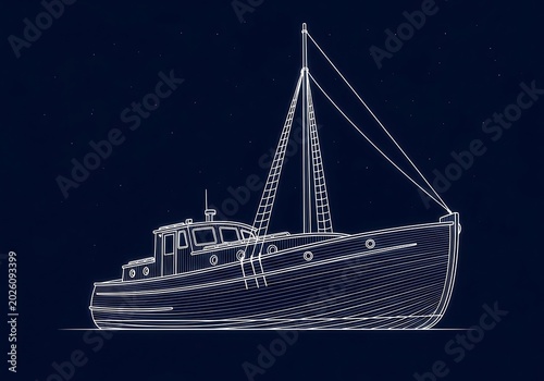Detailed blueprint of a classic motorboat against a dark blue background