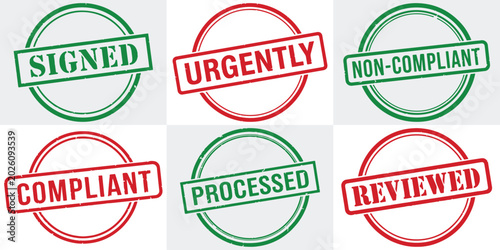 A set of six circular stamps in green and red with labels: 'Signed', 'Urgently', 'Non-Compliant', 'Compliant', 'Processed', 'Reviewed'. Flat vector graphic design.