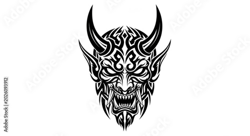 Canvastavla Tribal Tattoo Design of a Fierce Demon Face with Horns.