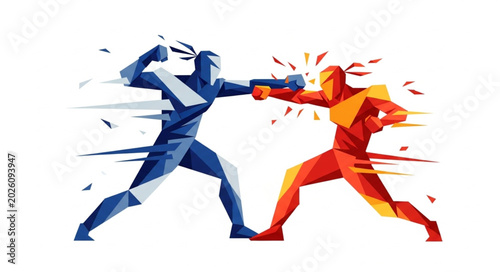 Bild auf Leinwand Two stylized figures in combat with swords and fists.