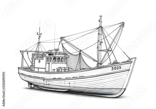 Detailed illustration of a fishing boat isolated on a white background