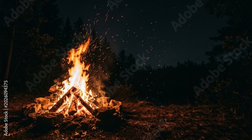 Tableau sur toile Bright bonfire blazing in the darkness of a forest clearing, surrounded by a stone fire pit