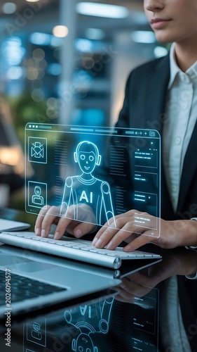 woman using laptop with holographic artificial intelligence customer support interface display