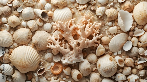 high-resolution photograph featuring a collection of various seashells and coral arranged in a natural, scattered layout. The central focus is a piece of pale pink coral with intricate, branching