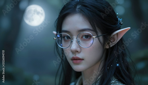 Fantasy Elfen Frau mit Brille im nächtlichen Wald