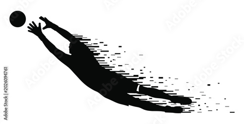 Εκτύπωση καμβά Black silhouette of a soccer goalkeeper diving to catch a ball with a pixelated