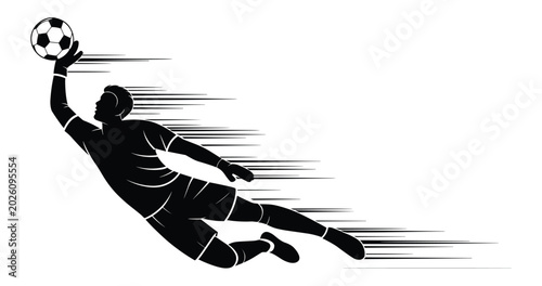 Photography Black silhouette of a soccer goalkeeper diving to catch a ball with horizontal m