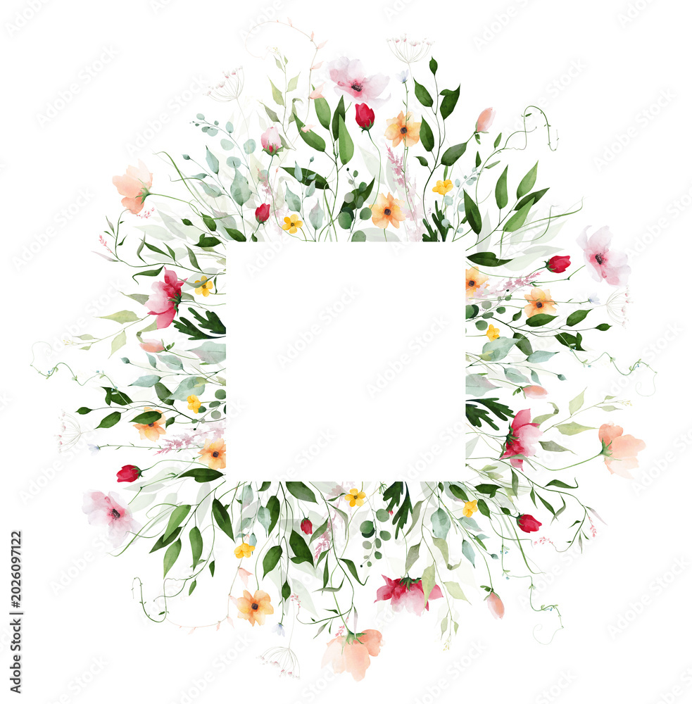 Obraz premium Watercolor floral square border frame. Meadow peach poppy, red rose, orange, pink flowers, turquoise eucalyptus branches, green leaves, herb. Hand drawn illustration. Artistic template design