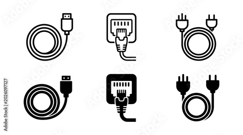 Technology connection cables and ports icon set with usb ethernet power plugs ethernet connection electric