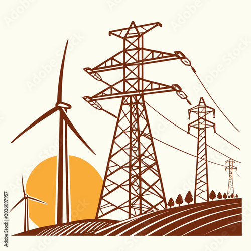 Cuadro en lienzo Wind turbines and electrical power pylons in a stylized vector illustration with