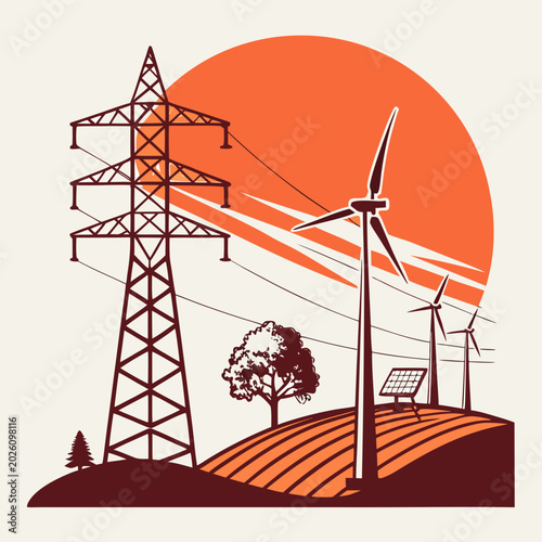 Fotografía power lines wind turbines and solar panels in a vector landscape with a sunset b