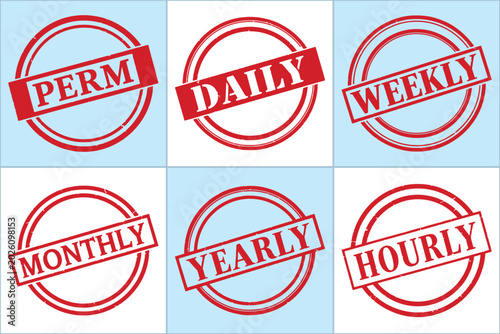A flat vector graphic featuring six circular stamps labeled PERM, DAILY, WEEKLY, MONTHLY, YEARLY, and HOURLY on a light blue background.