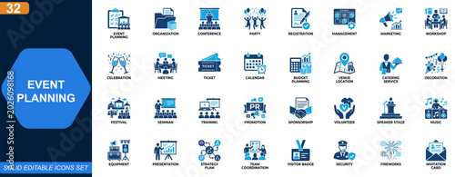 Konstfotografi Event planning and organization icon set