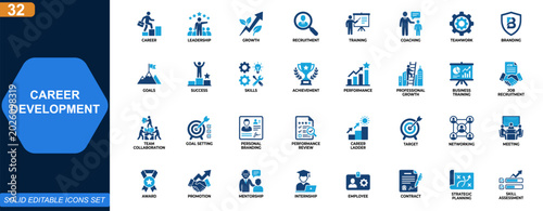 Career development and leadership skills icon set. Personal growth, business training, recruitment, teamwork, coaching, goal setting, professional branding. Editable icons collection. Vector.