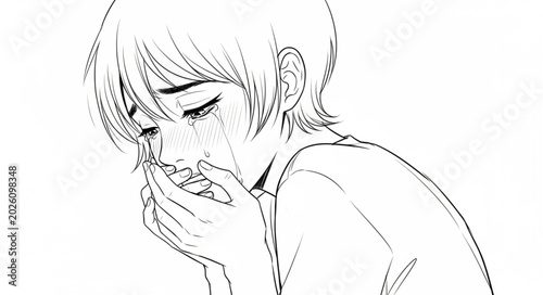 Obraz na plátně Sad Young Person Crying Emotionally with Hands Covering Mouth.