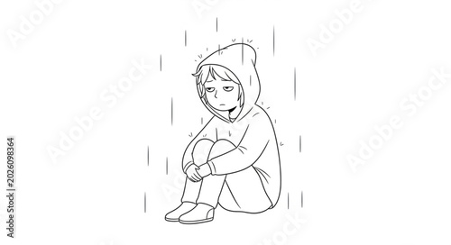 Bild auf Leinwand Sad Child Sitting Alone Wearing Hoodie.
