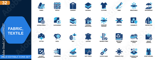 Tableau sur toile Fabric and textile properties icon set