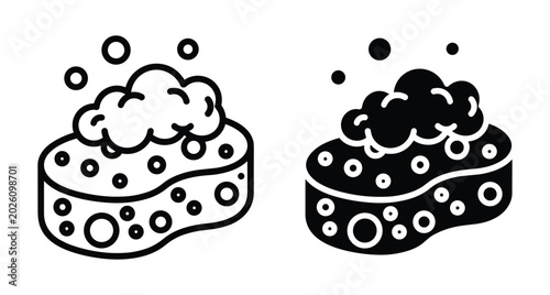 Cleaning sponge icon set with soap bubbles and foam for washing dishes or body care in bathroom and kitchen housework