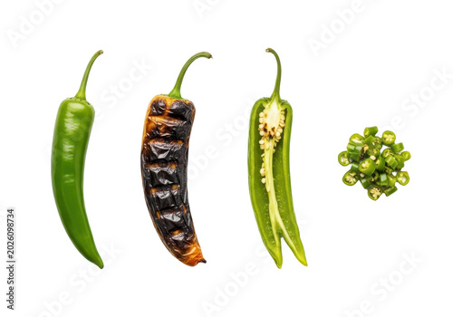 Green chili peppers, roasted chili pepper, sliced chili pepper, and chopped chili pepper isolated on transparent background