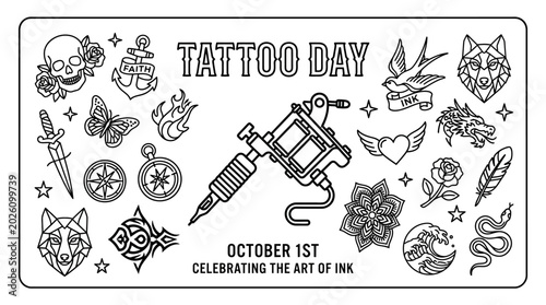 Bild auf Leinwand Tattoo Day celebration poster with hand drawn ink machine and various classic flash tattoo designs