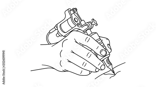 Foto Black and white line art of a hand holding a professional tattoo machine