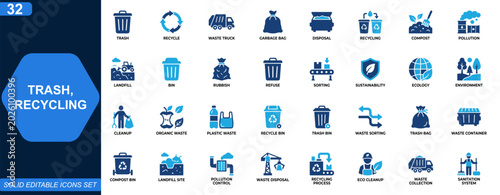 Photos Trash and recycling icon set for waste disposal and environmental cleanup