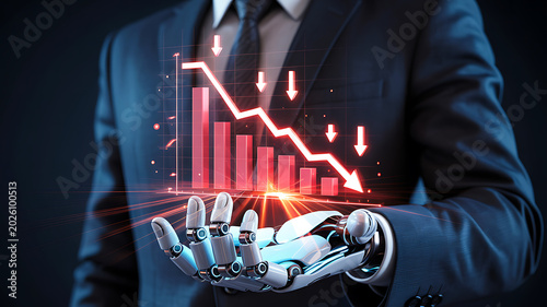 Businessman with robotic hand holding financial decline and market crash chart