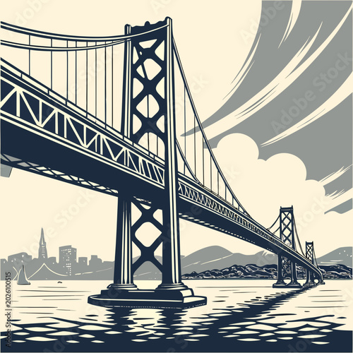 Photos bay area bridge vector illustration with city skyline and water reflections gray