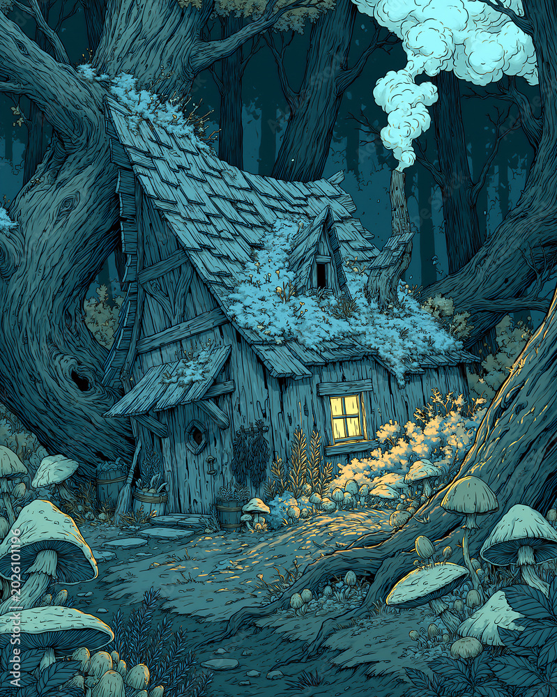 Obraz premium Whimsical fairy tale cottage with glowing window nestled in enchanted dark forest with mushrooms and tree roots, fantasy illustration