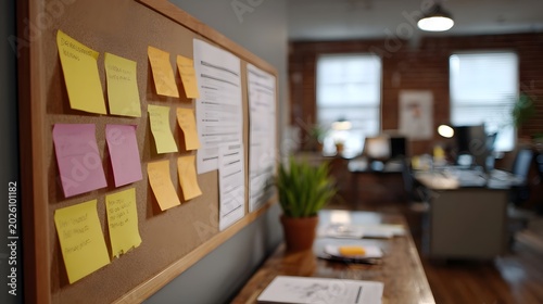 A warm wooden surface features various colored papers and a potted plant creating a creative and organized workspace aesthetic