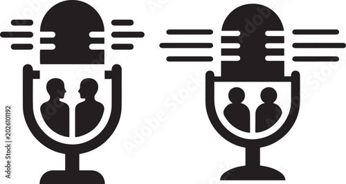 Retro podcast microphone icon set with talking people silhouettes and sound waves vector