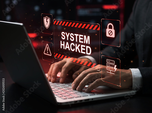 Cyber security breach alert on laptop screen with icons representing hacking danger threat protection lock system compromised and data loss warning for digital crime and unauthorized access.