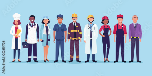 Obraz na płótnie diverse professions lineup of workers in colorful vector illustration