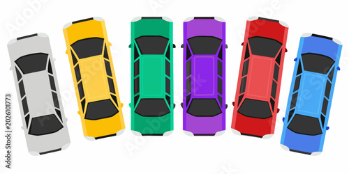 Obraz na płótnie colorful cars top view vibrant lineup on white background