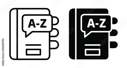 Dictionary icon set featuring outline and solid styles with alphabet letters A to Z for education vocabulary and address book indexing