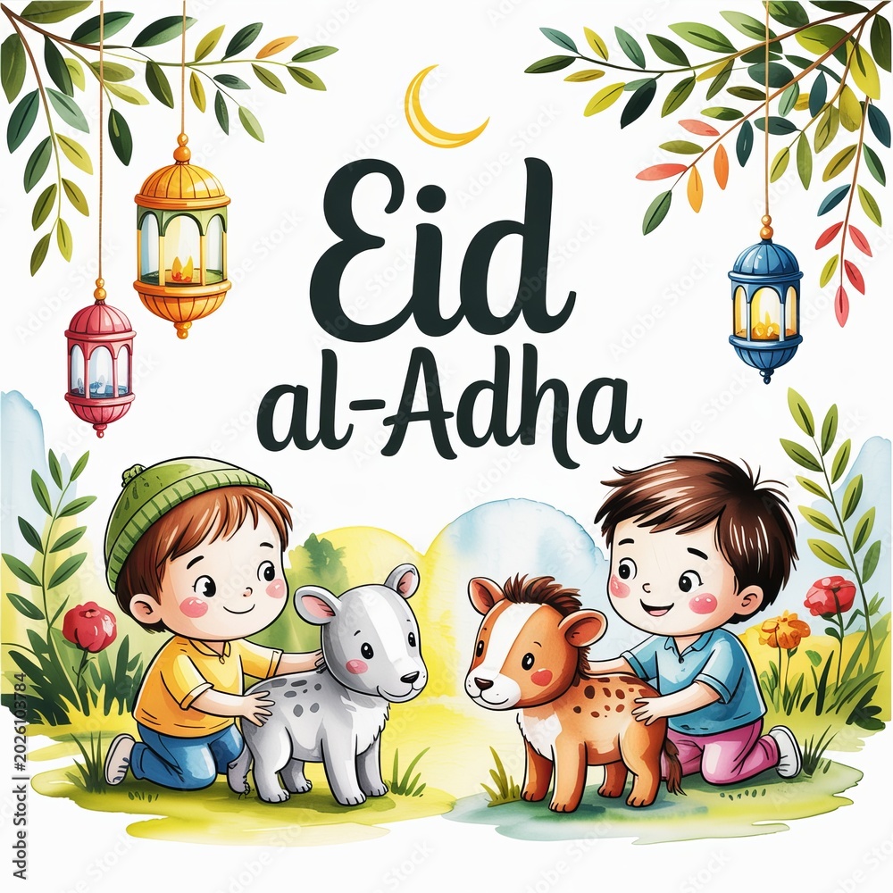 Fototapeta premium Two happy children playing with cute little lambs in a festive celebration for Eid al Adha