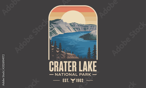 Canvas Print Crater Lake National Park vintage travel poster with mountain landscape and suns