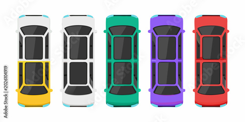 colorful car fleet top view on white background