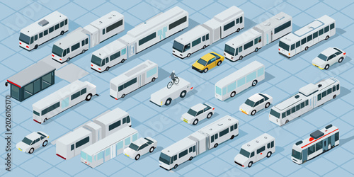 Fotografie isometric fleet of public transport vehicles on a grid background