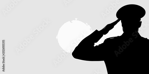 Photos saluting soldier silhouette against a light gray background