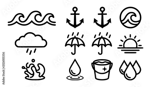 Bild auf Leinwand Marine and Weather Line Icon Set Featuring Ocean Waves, Anchors, Rainy Umbrellas