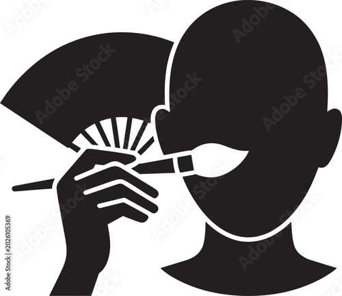 Hand applying makeup to a person's face with a brush, another holding an open folding fan, modern beauty and cosmetic icon in solid style