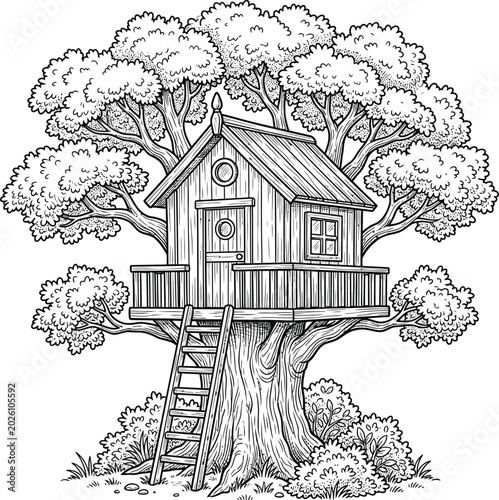 Cozy treehouse in a large oak tree