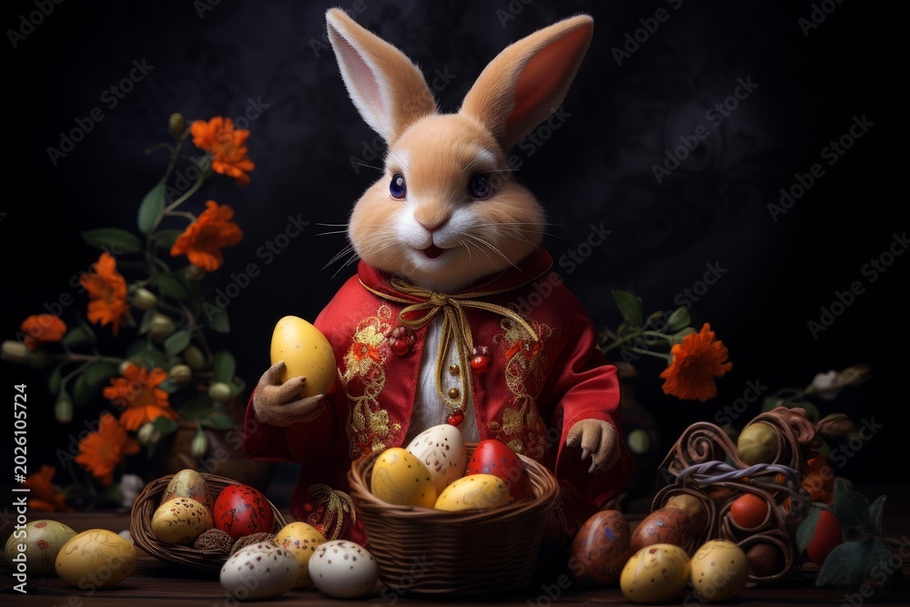 Obraz premium Bunny dressed in red holding an easter egg surrounded by decorated eggs and flowers