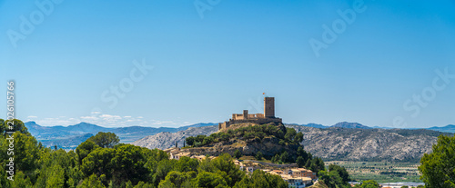 Panoramic view to Biar, with a medieval castle on the hill, in Alicante, Comunidad Valenciana, Spain.