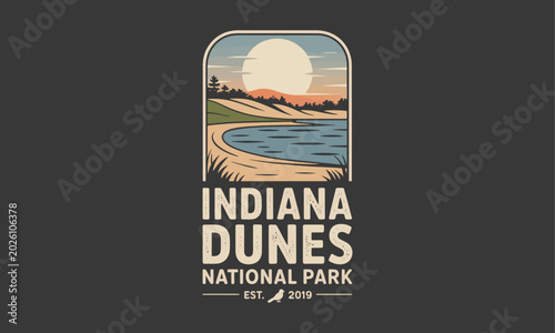 Foto Indiana Dunes National Park vintage travel poster with coastal dunes and lake vi