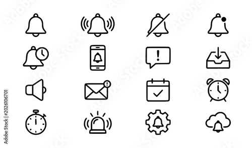 Foto Notification and Alert Line Icon Set Featuring Reminder Bells, Alarm Clocks, Mob