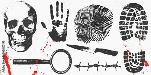 Tableau sur toile forensic evidence collage on white background crime scene investigation elements