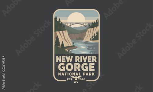 Obraz na płótnie Vintage National Park Poster of New River Gorge Bridge Scenic Landscape at Sunse