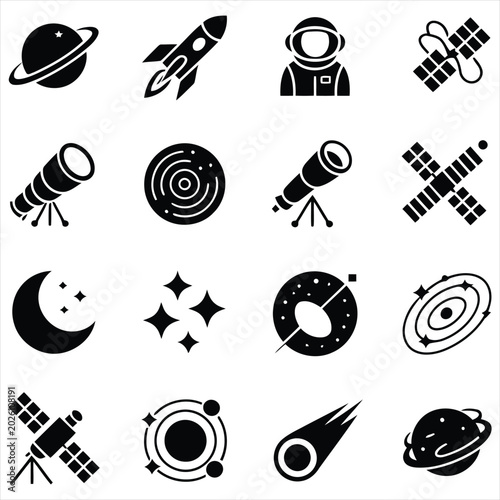 Set of space and astronomy icons, vector illustration of celestial bodies and equipment